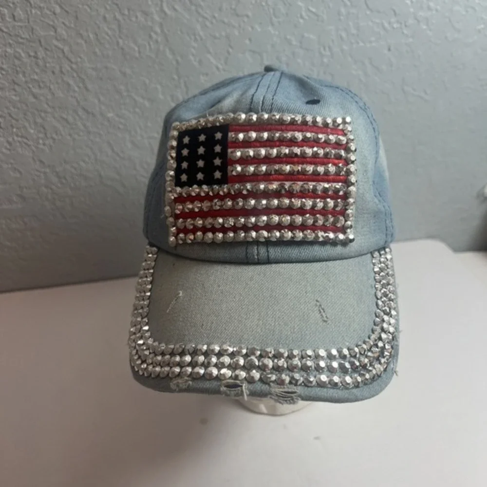 Jeans‎ Blue Baseball Cap USA Flag Patriot Rhinestones Strapback Travel Hat